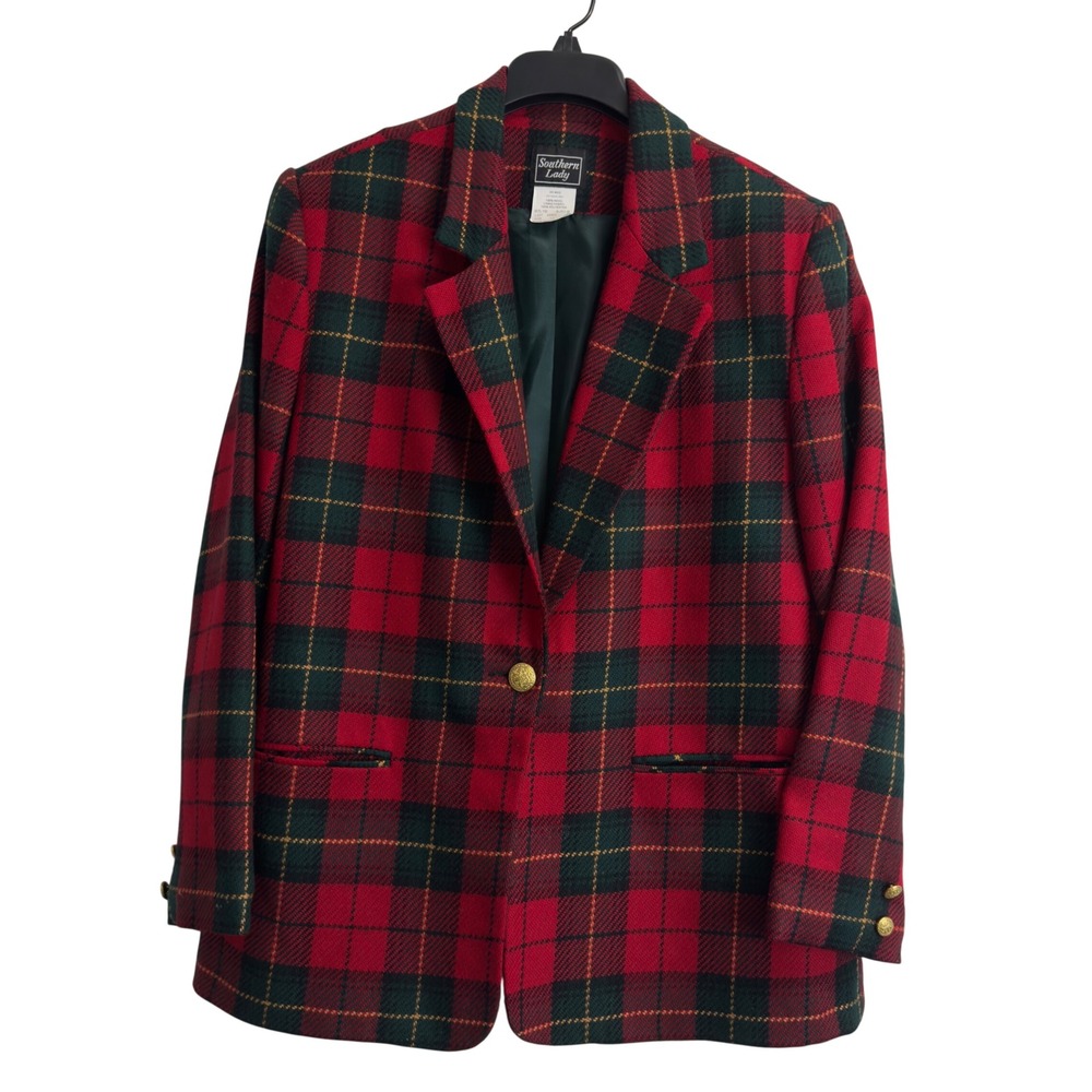 Southern Lady Vintage Red Green Plaid Wool Blazer Jacket Gold Buttons Size 12